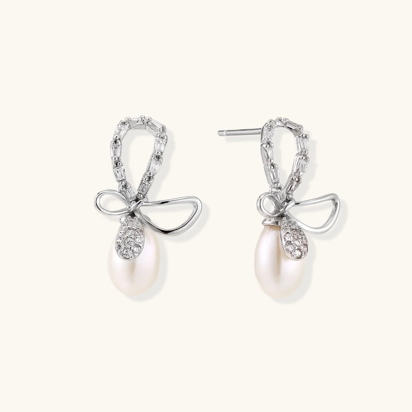 Crystal Bow Freshwater Pearl Earrings S925 Silver