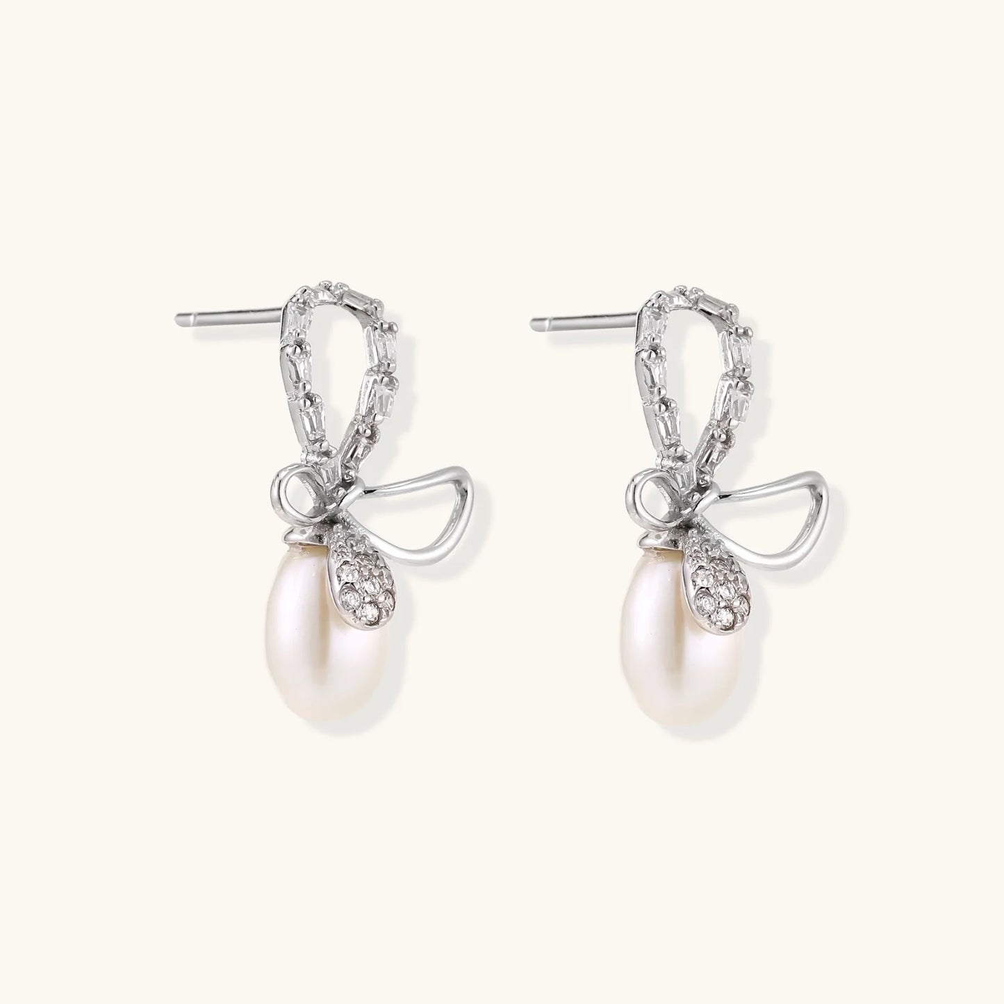 Crystal Bow Freshwater Pearl Earrings S925 Silver