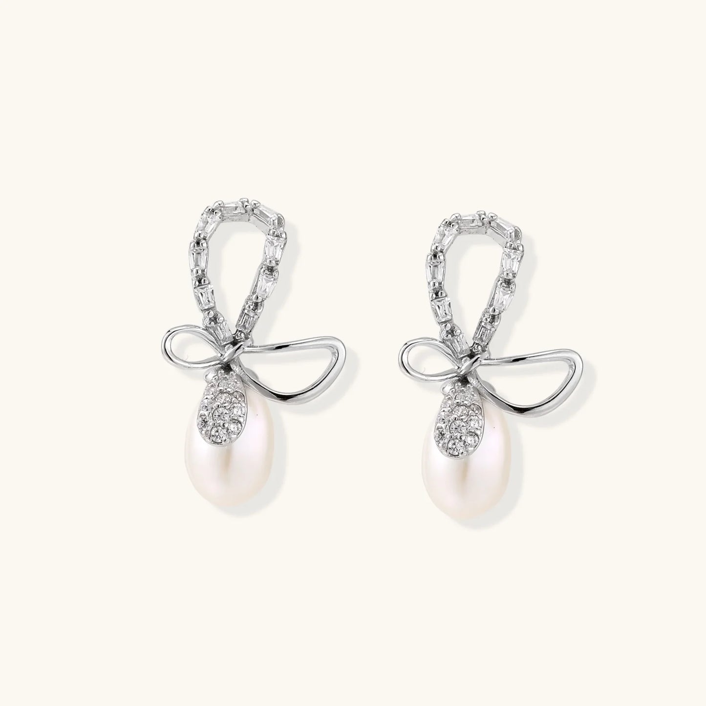 Crystal Bow Freshwater Pearl Earrings S925 Silver
