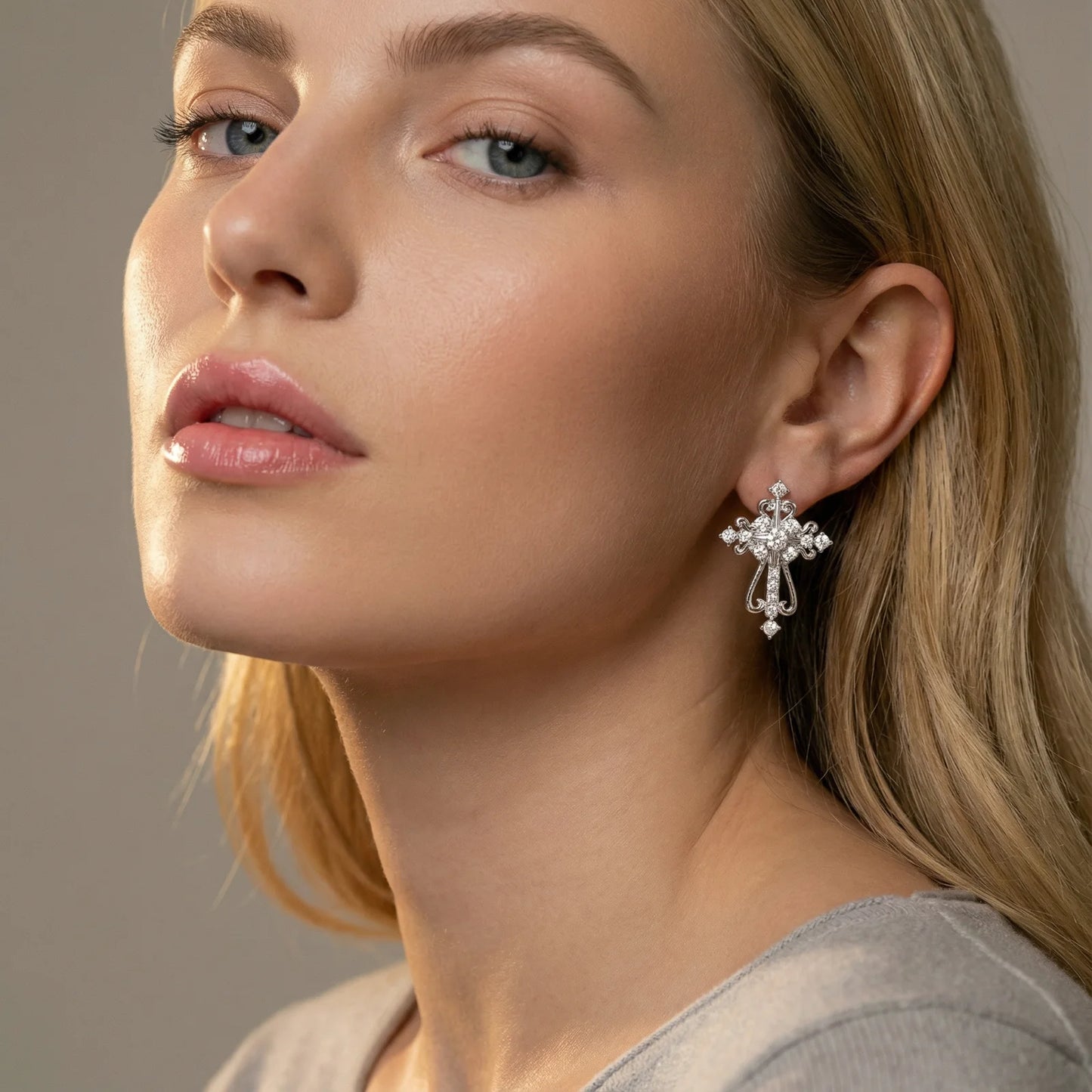 Divine Grace Kors - earrings - white gold plated and Cubic Zirconia with S925 silver posts - Hypoallergenic comfort