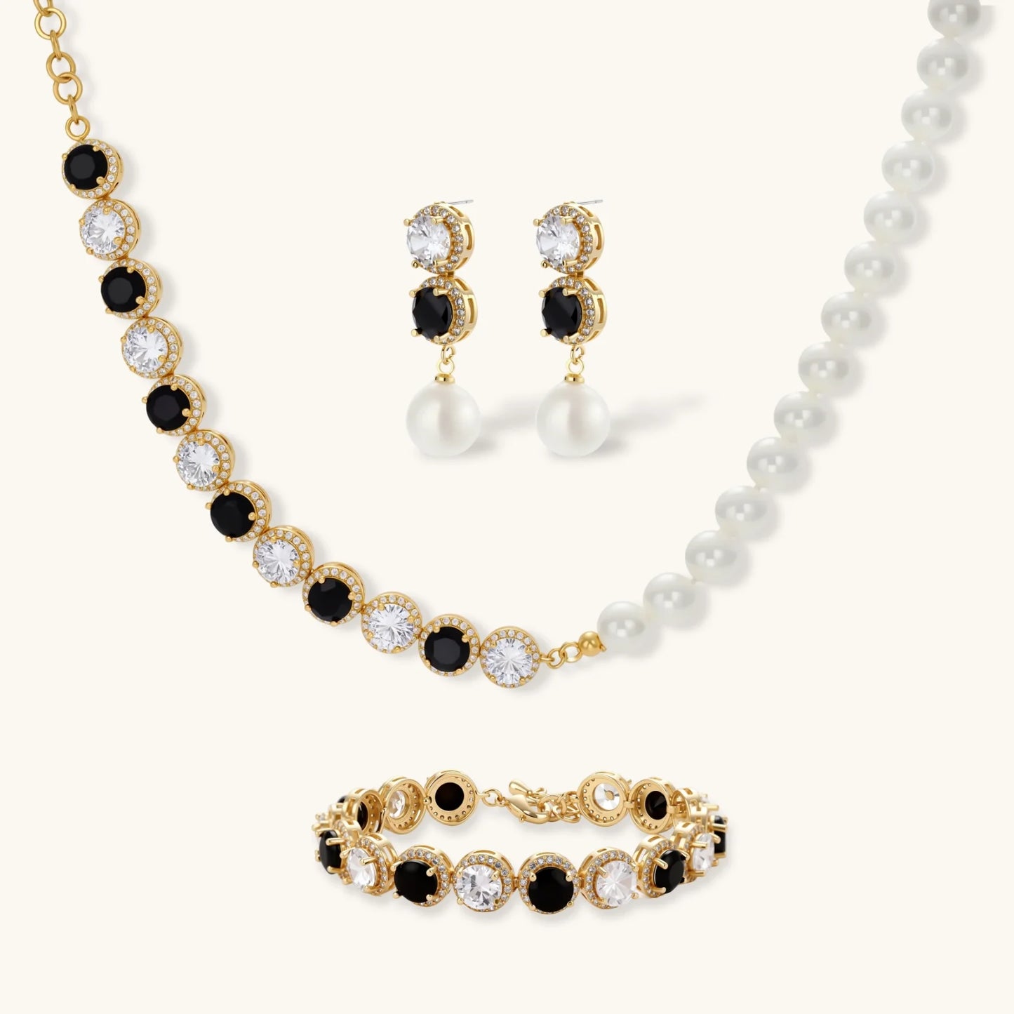 Noir Luxe Jewelry Set in 14K Gold Plating with Zirconia - eco-brass - Skin-friendly comfort