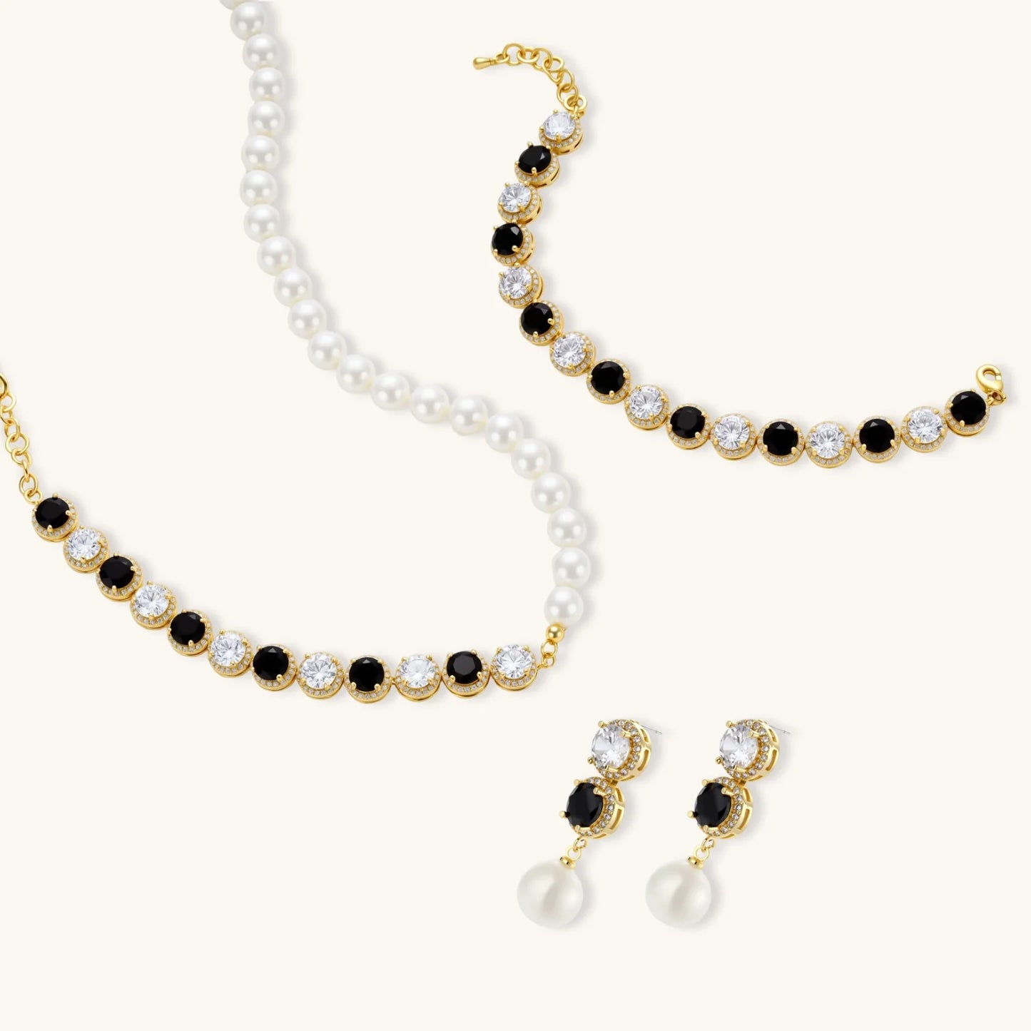 Noir Luxe Jewelry Set in 14K Gold Plating with Zirconia - eco-brass - Skin-friendly comfort