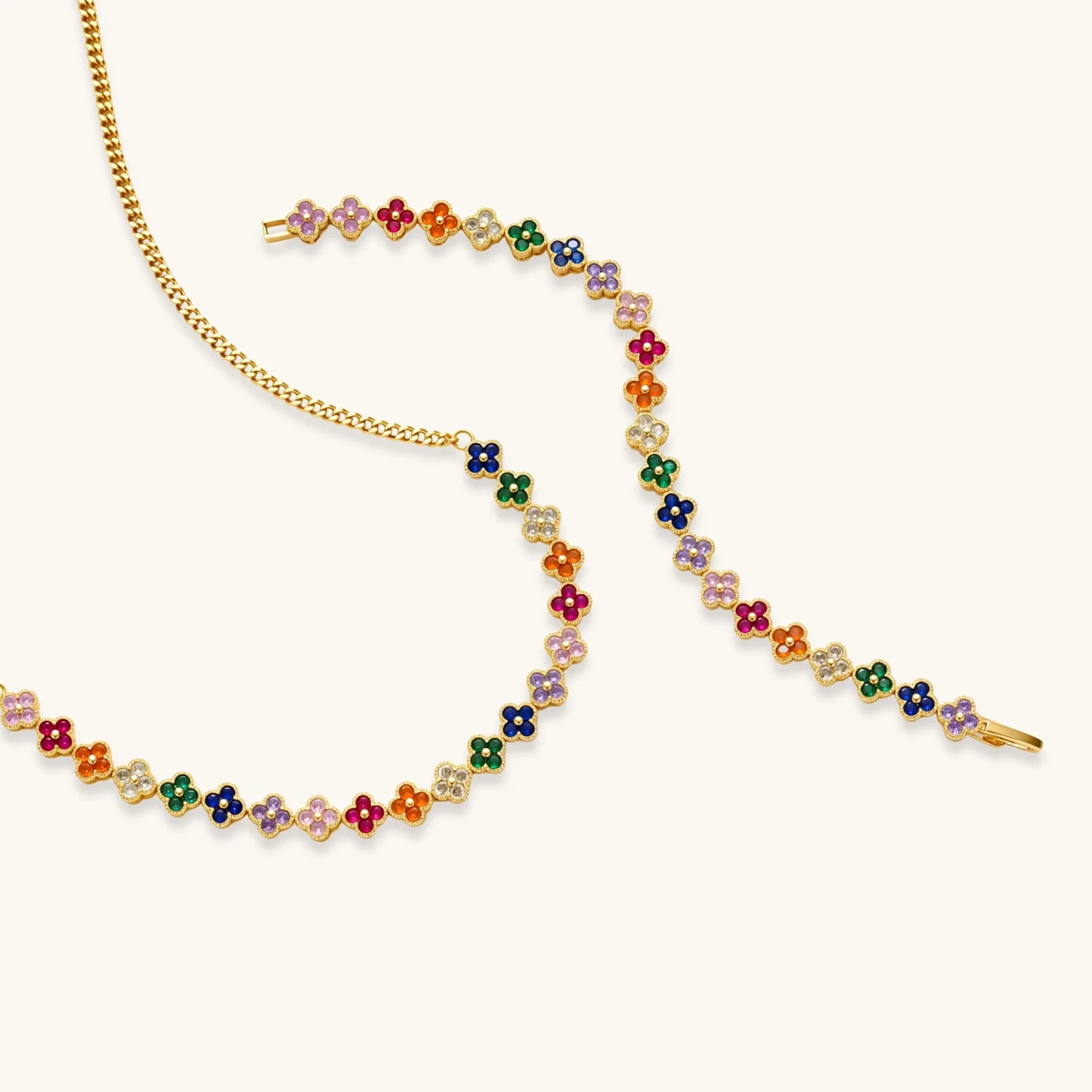 Lucky Clover jewelry set in rainbow colors with 14K gold-plated eco-brass with Cubic Zirconia