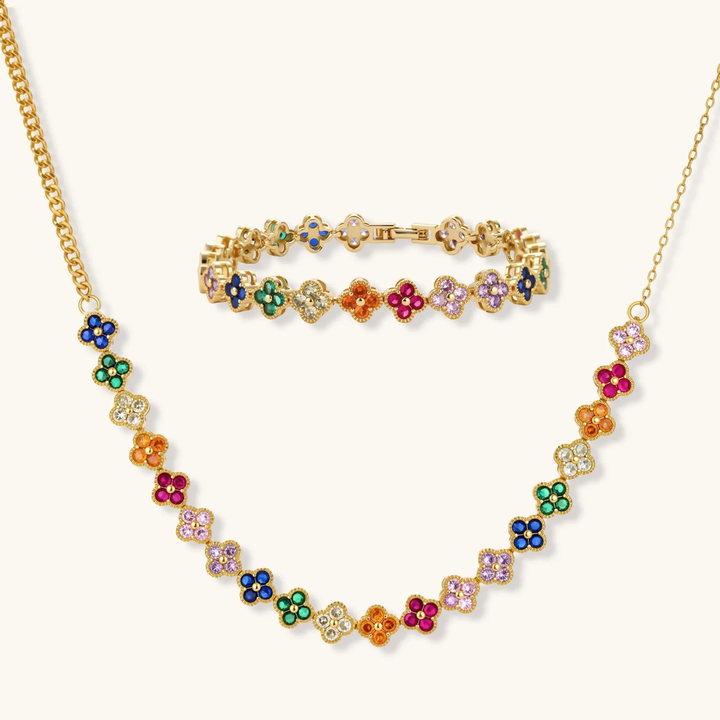 Lucky Clover jewelry set in rainbow colors with 14K gold-plated eco-brass with Cubic Zirconia