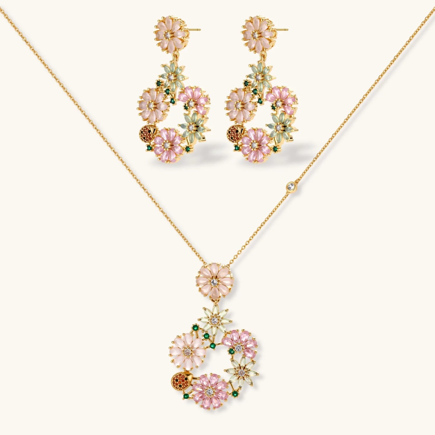 Blooming Garden Jewelry Set in 14K gold plating and cubic zirconia - Hypoallergenic jewelry set - in eco brass