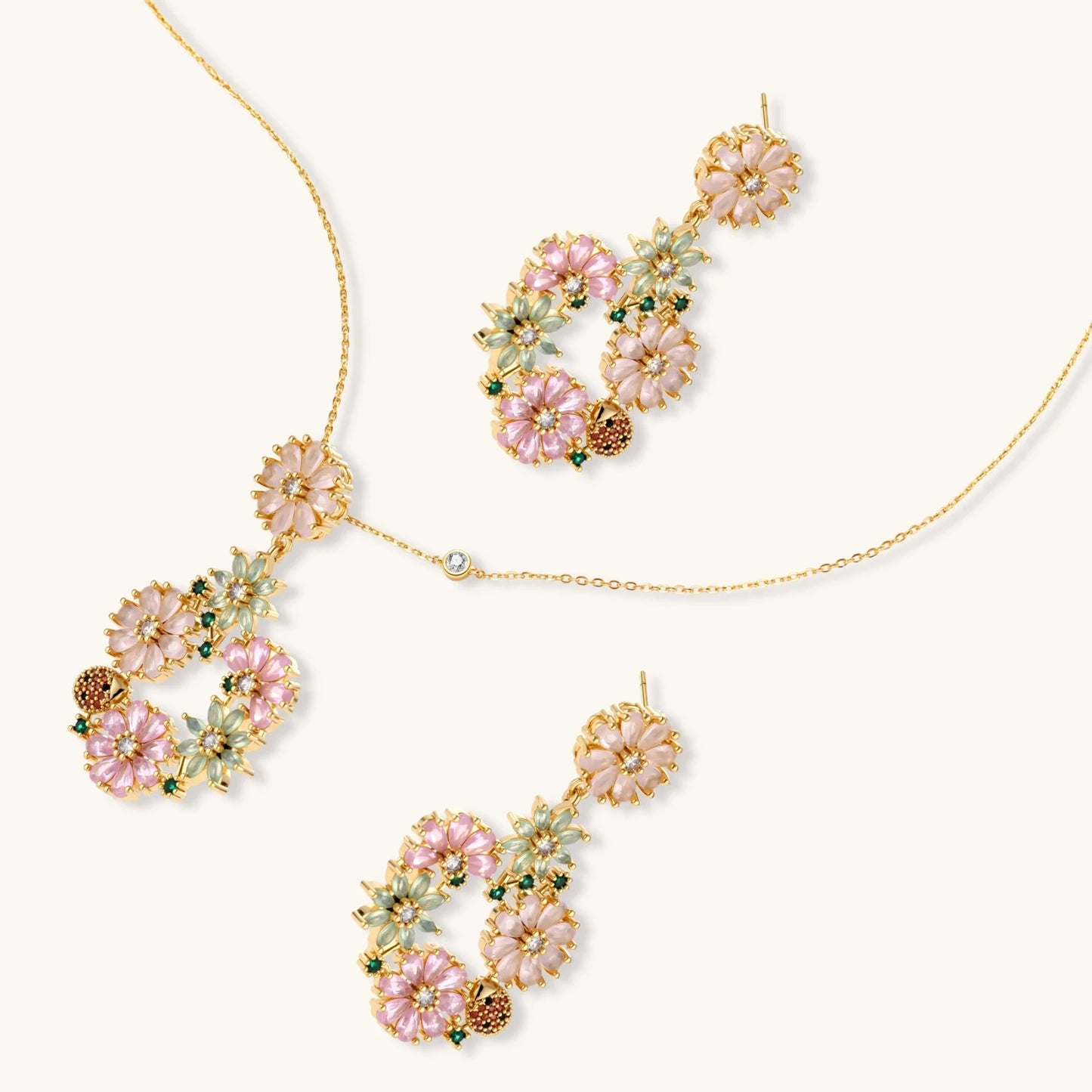 Blooming Garden Jewelry Set in 14K gold plating and cubic zirconia - Hypoallergenic jewelry set - in eco brass