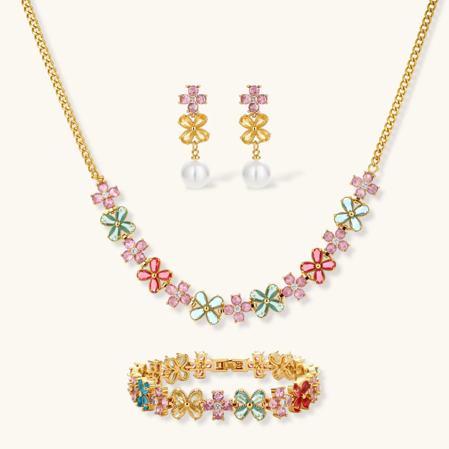 Garden Bloom Jewelry Set in 14K gold plating and cubic zirconia - Hypoallergenic jewelry set - eco - brass