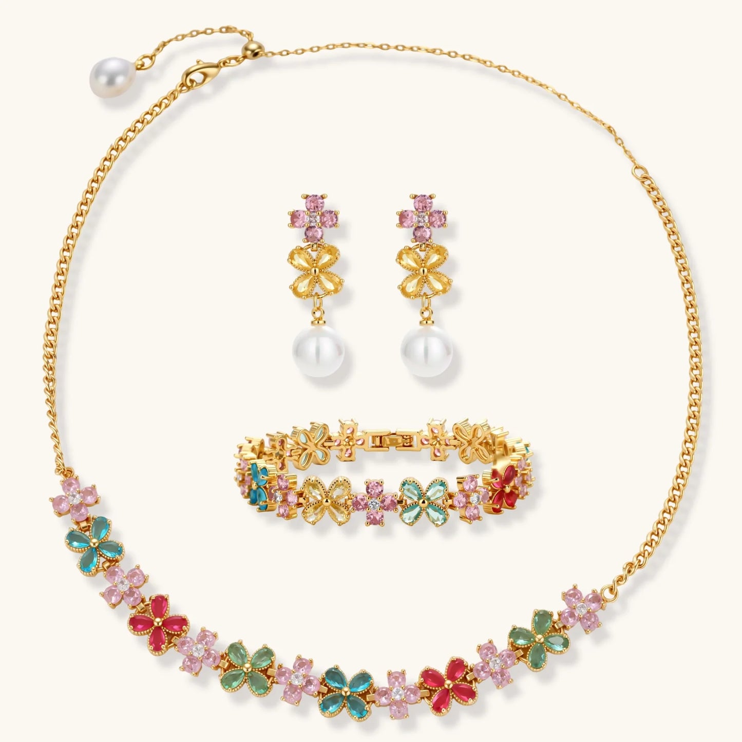 Garden Bloom Jewelry Set in 14K gold plating and cubic zirconia - Hypoallergenic jewelry set - eco - brass