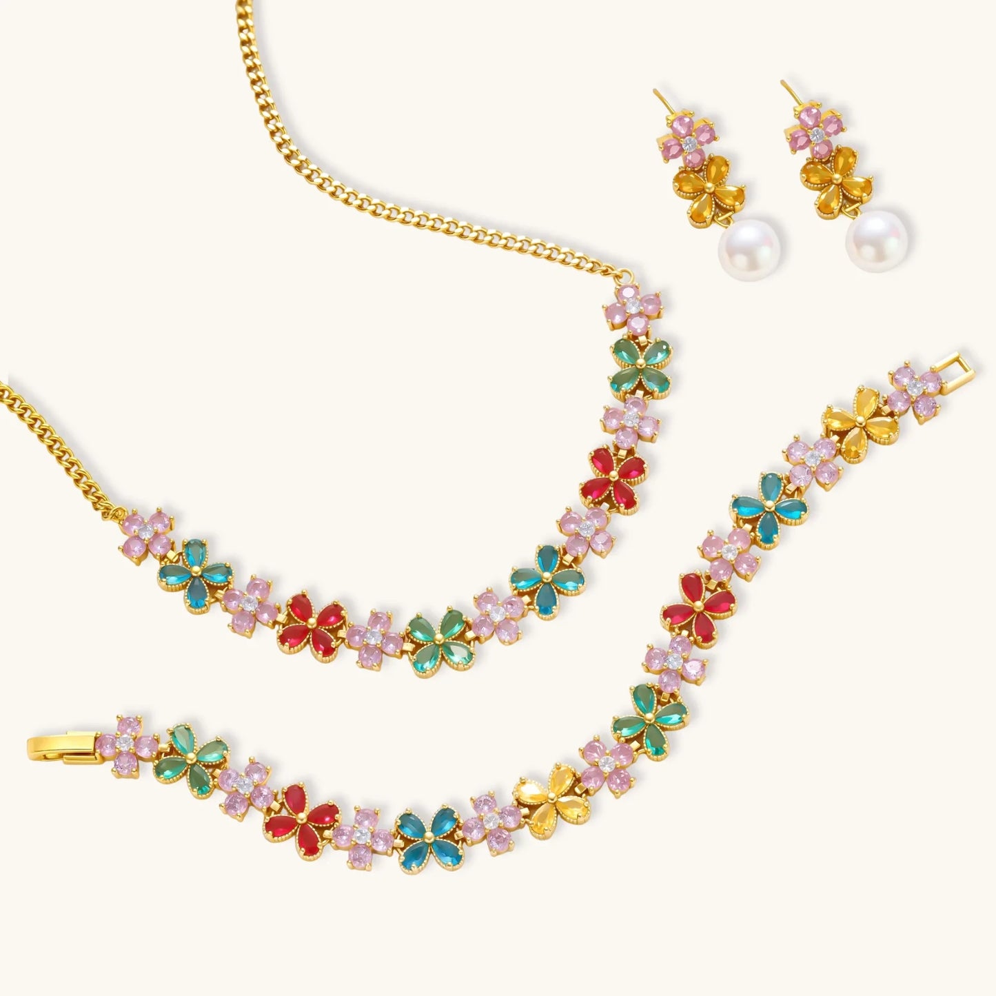 Garden Bloom Jewelry Set in 14K gold plating and cubic zirconia - Hypoallergenic jewelry set - eco - brass
