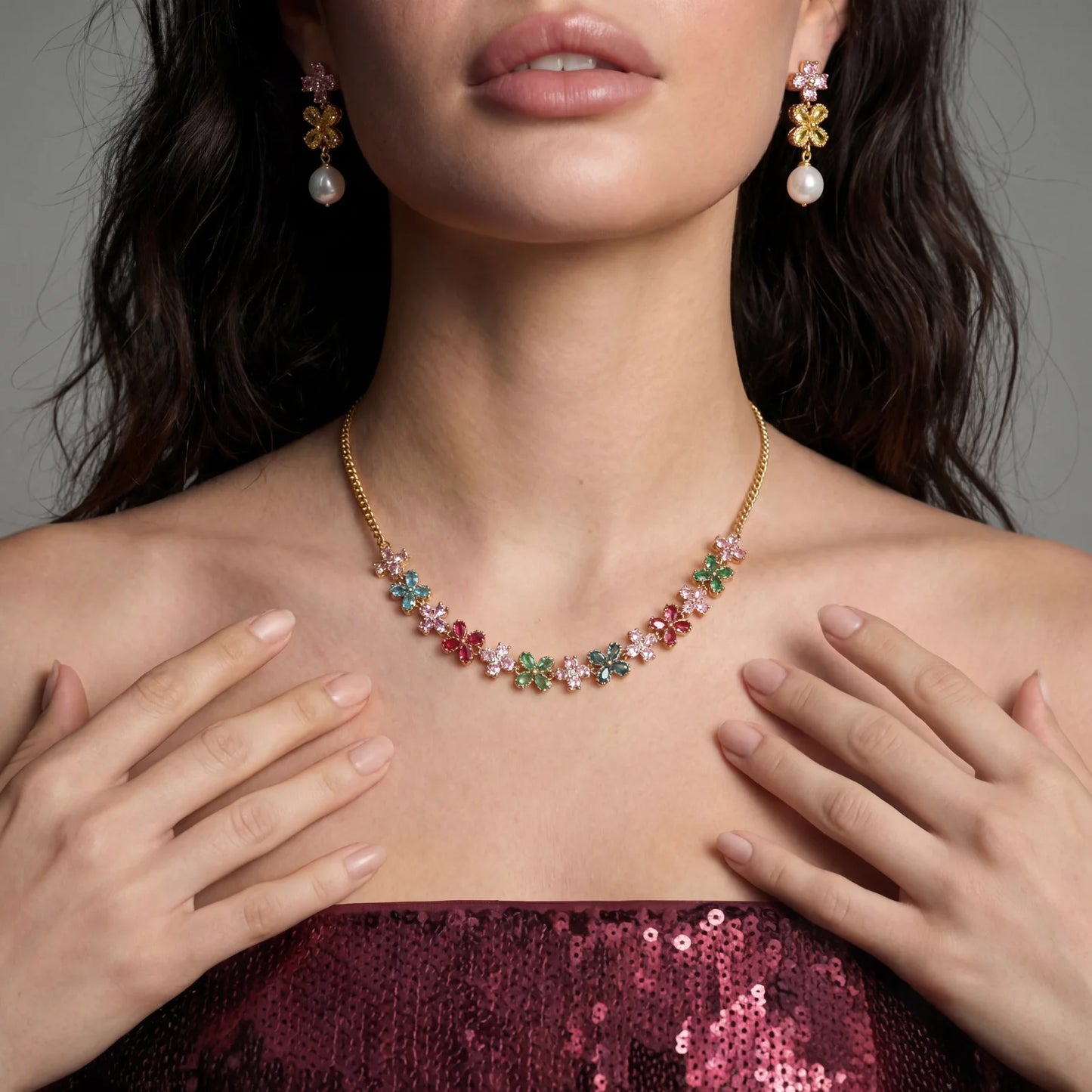 Garden Bloom Jewelry Set in 14K gold plating and cubic zirconia - Hypoallergenic jewelry set - eco - brass