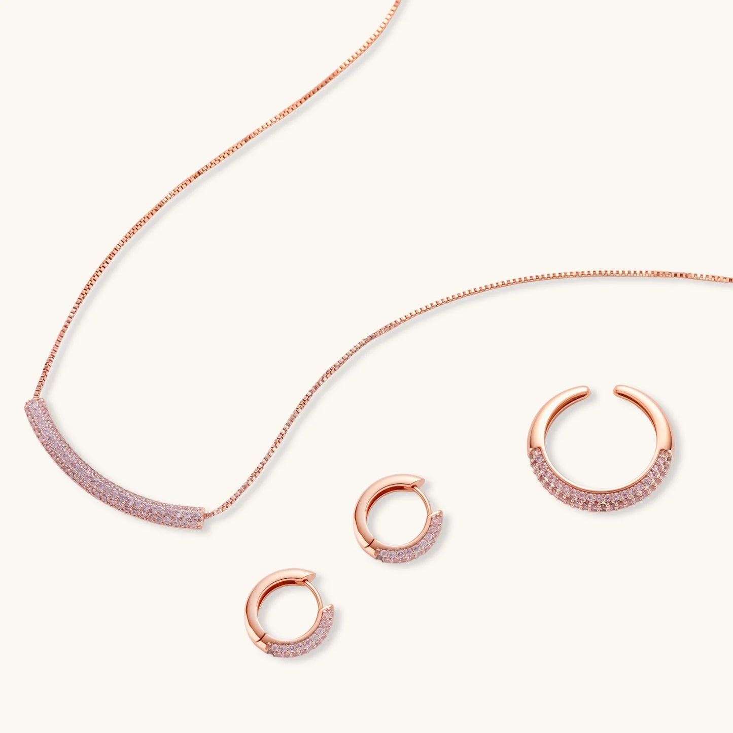 Sparkling Glitzy Rose Gold Jewelry Set in Environmentally Friendly Eco-Brass Plated with 14K Gold and Cubic Zirconia