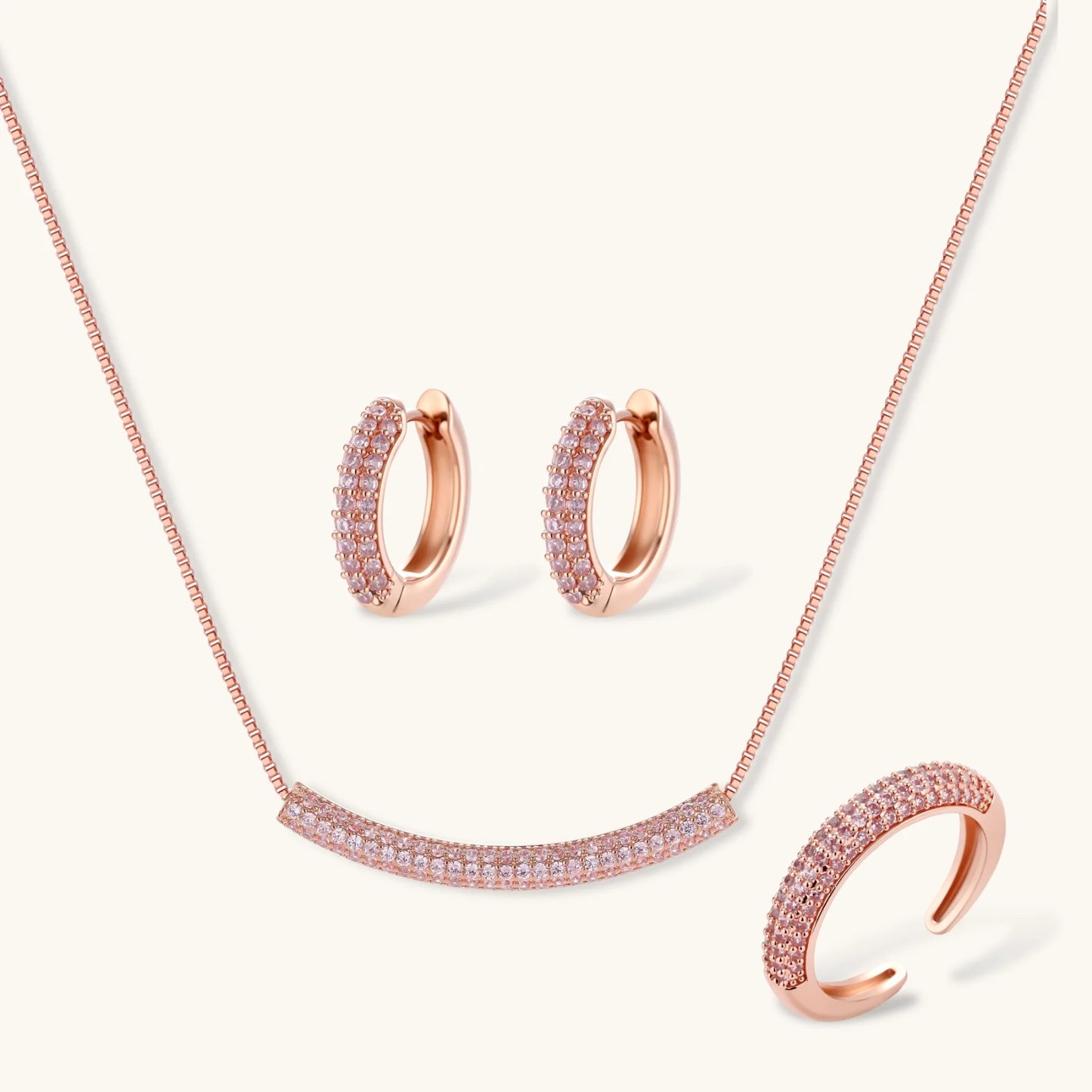 Sparkling Glitzy Rose Gold Jewelry Set in Environmentally Friendly Eco-Brass Plated with 14K Gold and Cubic Zirconia