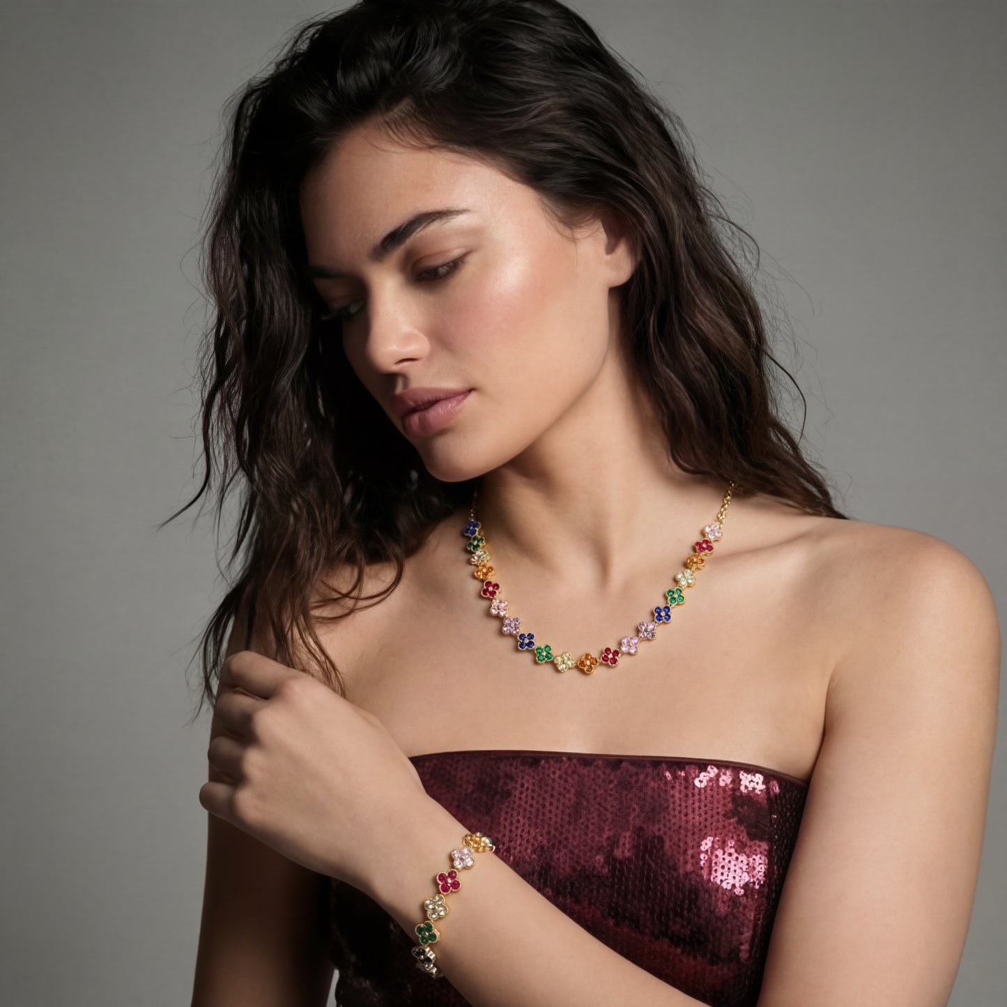 Lucky Clover jewelry set in rainbow colors with 14K gold-plated eco-brass with Cubic Zirconia