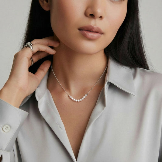 Luna Pearl Arc Necklace in Freshwater Pears & Rhodium Plated S925 Sterling Silver