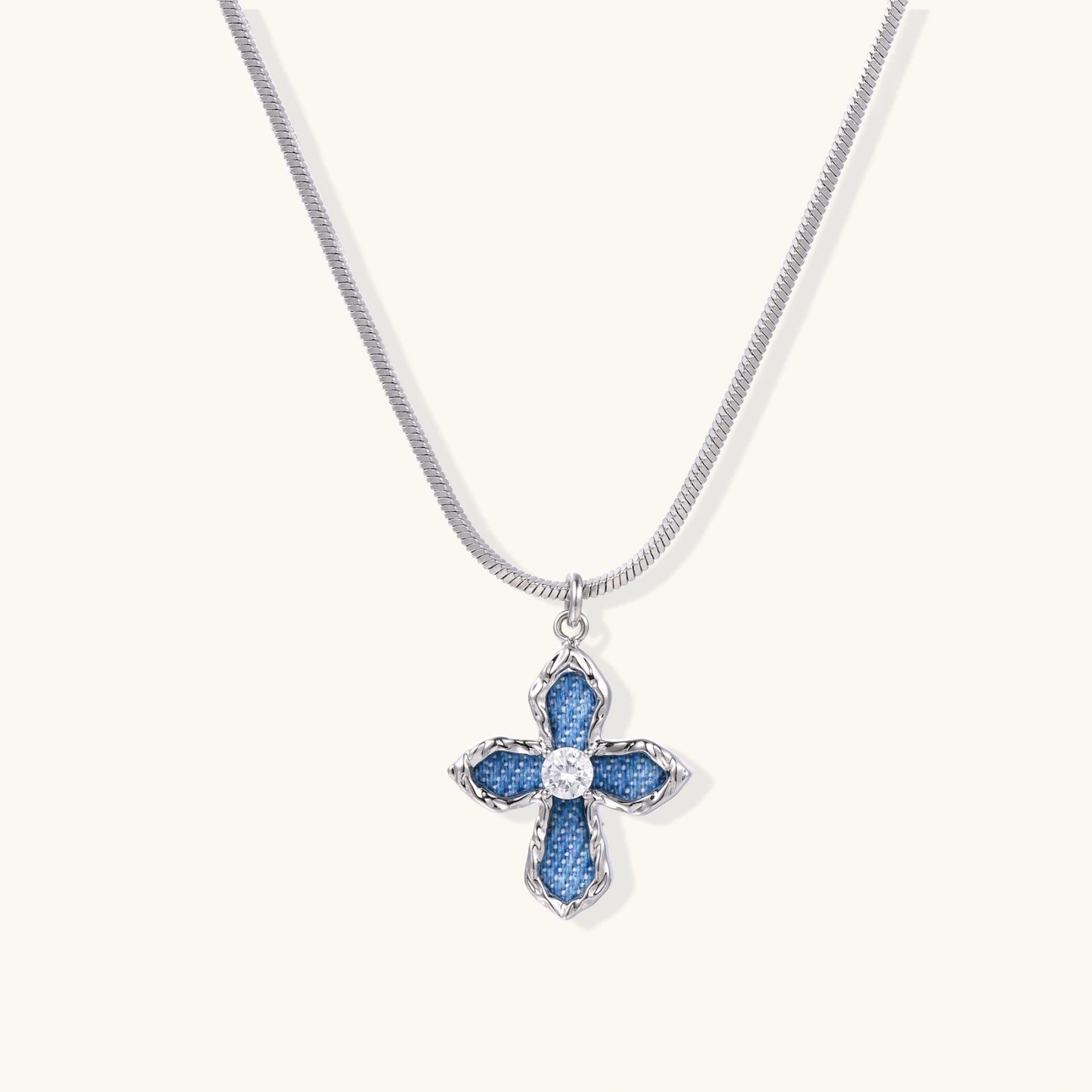 Denim Cross Necklace | white Gold Plated eco Brass