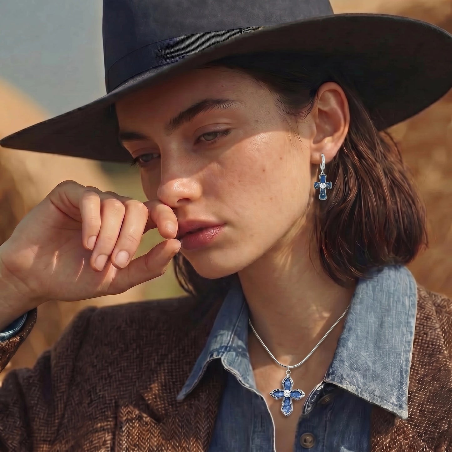 Denim Cross Necklace | white Gold Plated eco Brass