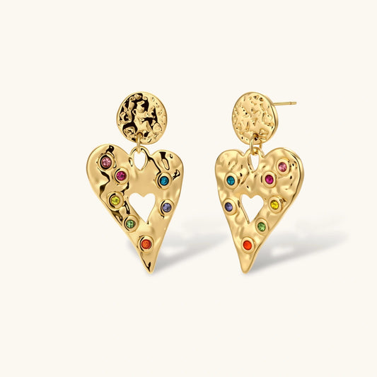 Rainbow Heart Drop Earrings in 18K Gold Plated Stainless Steel & Cubic Zirconia