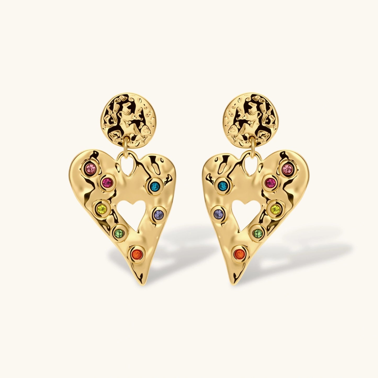 Rainbow Heart Drop Earrings in 18K Gold Plated Stainless Steel & Cubic Zirconia